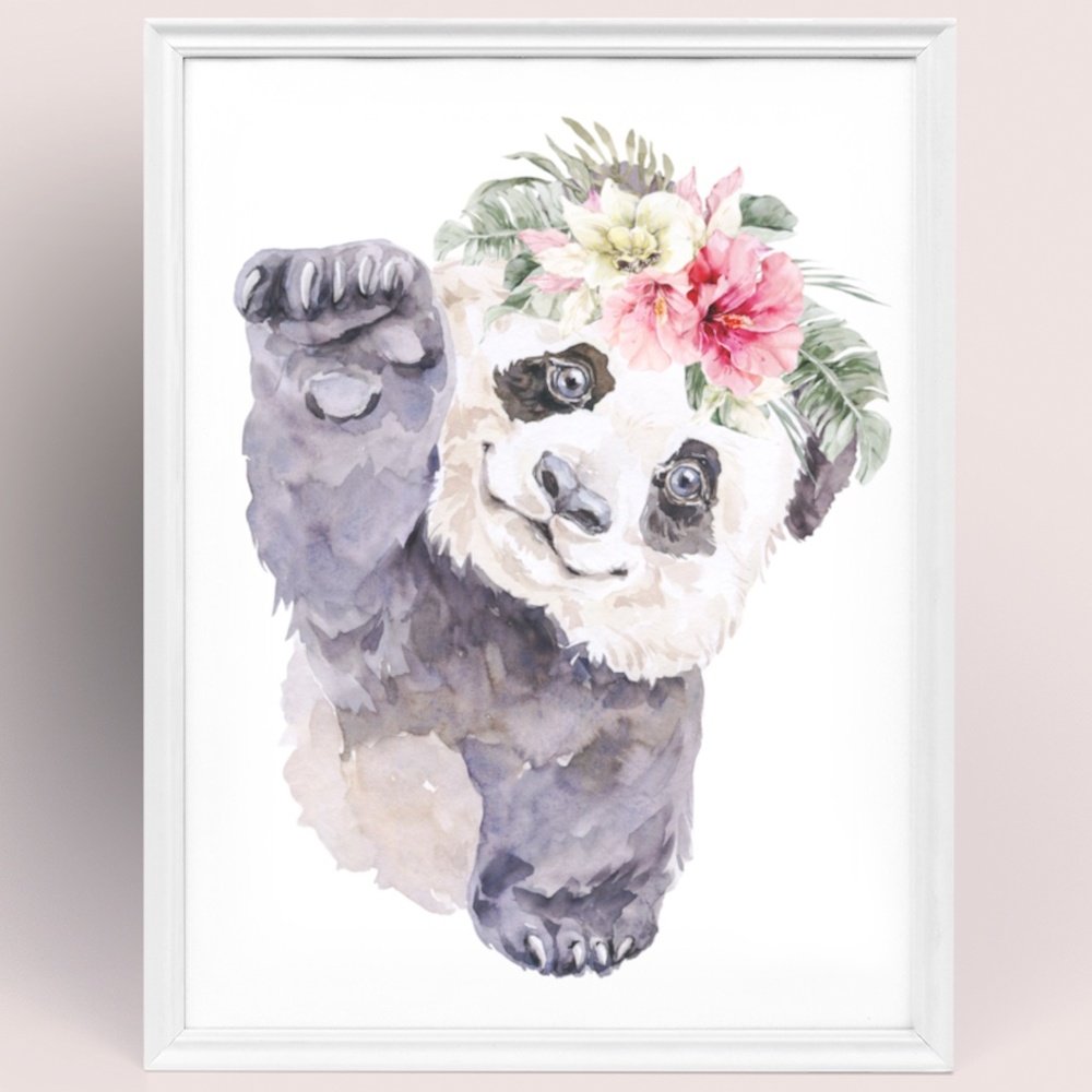 Watercolor Floral Panda Wall Art Illustration Print Poster Card Unframed - Picture 1 of 8